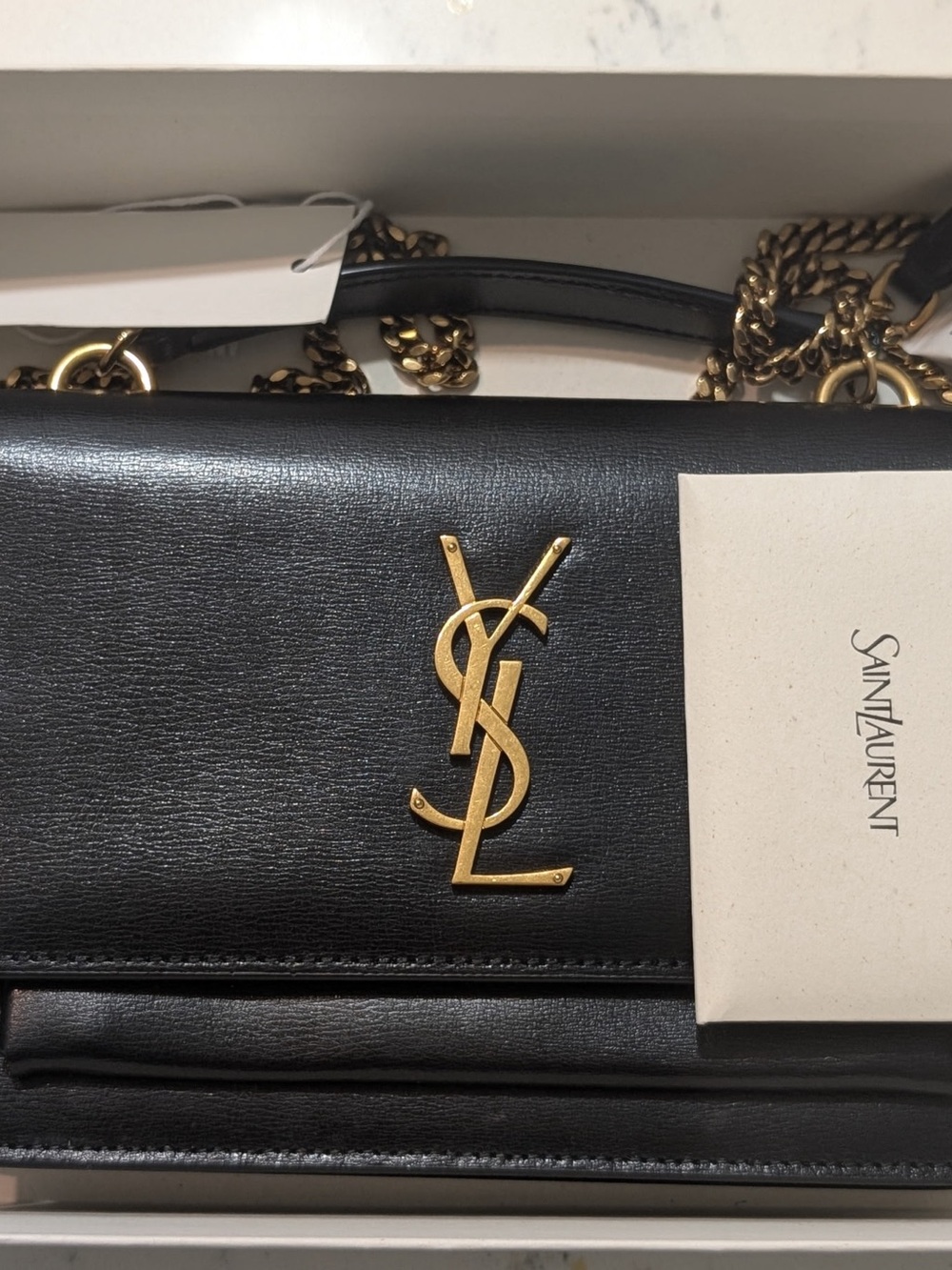 Saint Laurent Black Leather YSL Monogram Crossbody with Gold Chain